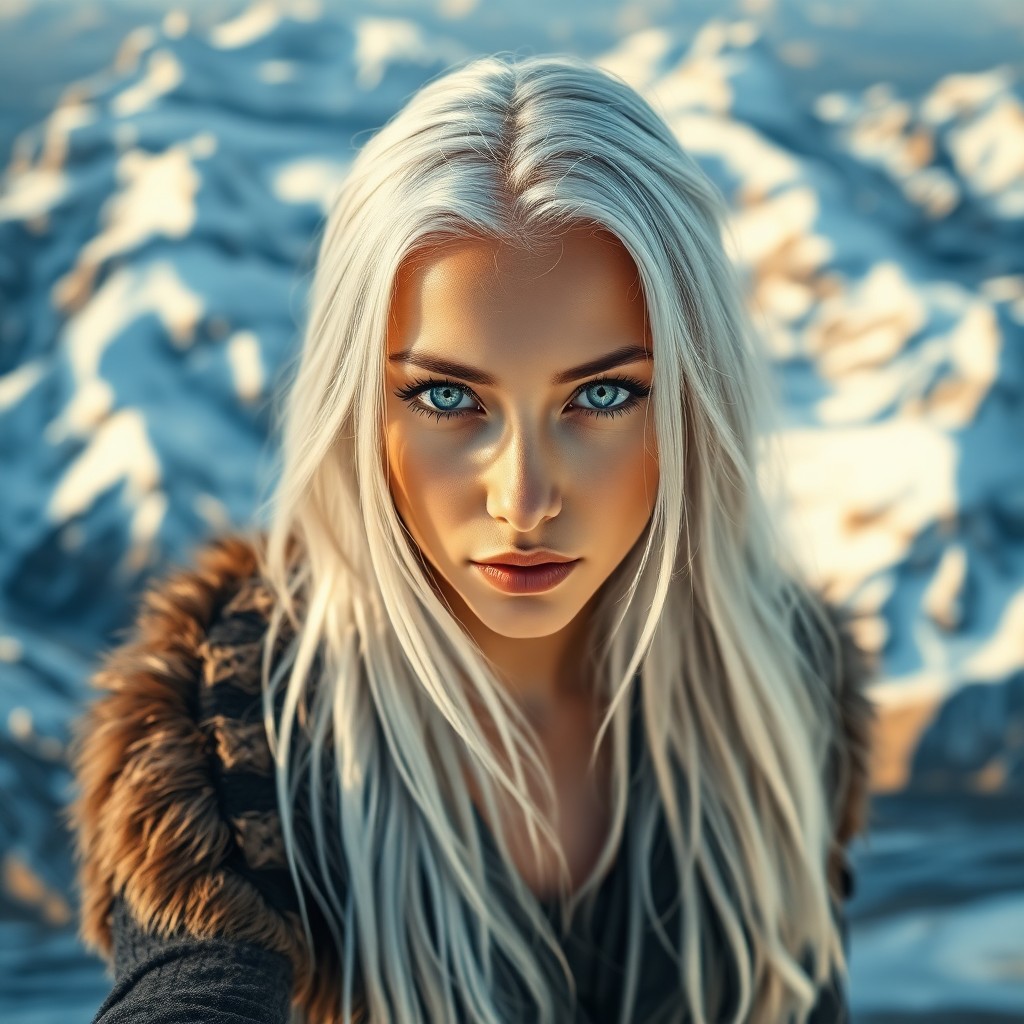 AI generated art for prompt: Envision an enigmatic Middle Eastern woman with piercing ice-blue eyes and long platinum hair streak