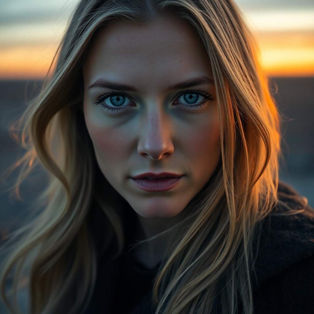 AI generated art for prompt: A photorealistic portrait photograph depicts a European woman with flowing golden locks cascading ov