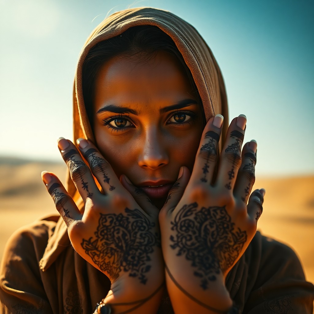 AI generated art for prompt: A super-realistic portrait showcases a captivating Middle Eastern woman with warm copper skin and in