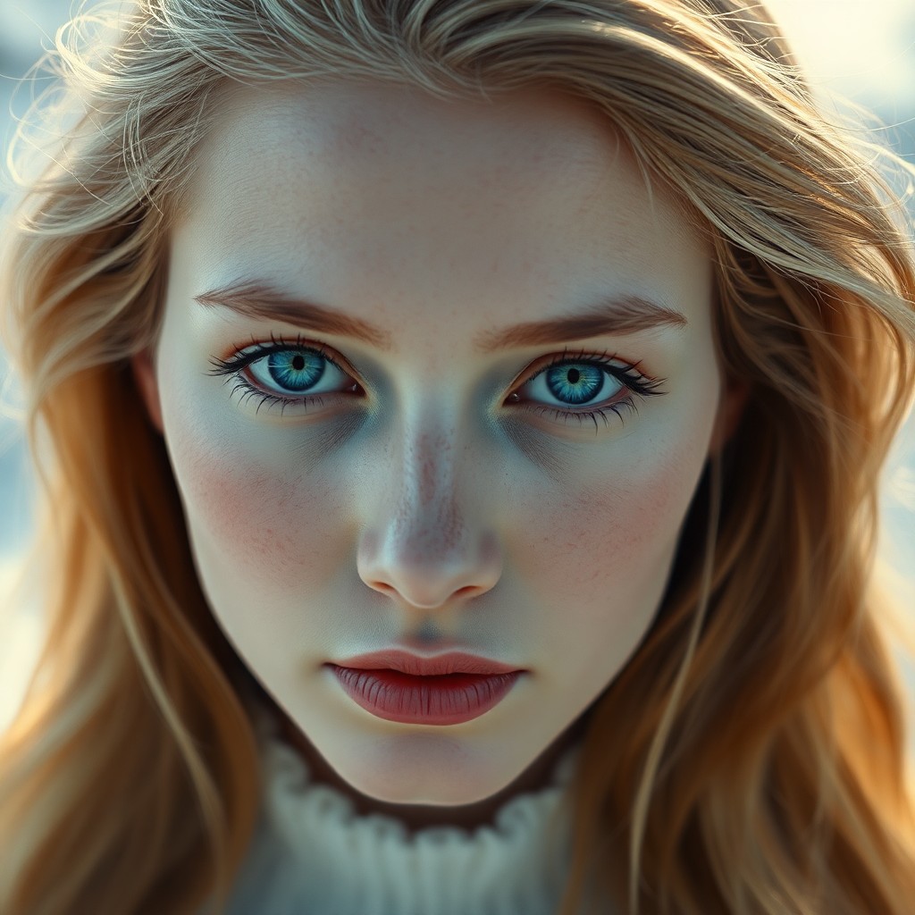 AI generated art for prompt: Craft an ultrarealistic portrait of a Slavic woman with ethereal ice-blue eyes and cascading golden 