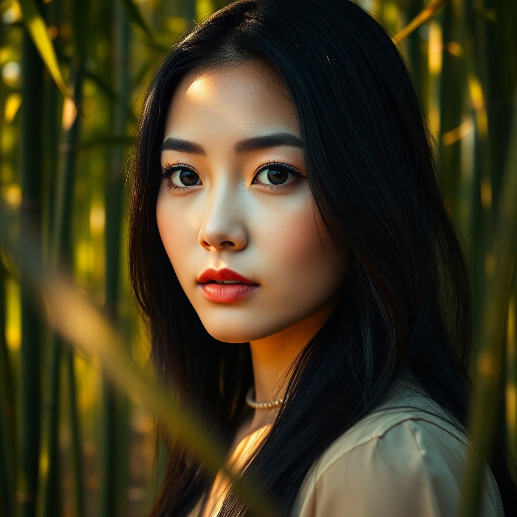 AI generated art for prompt: Envision a DSLR portrait of an East Asian woman, her enigmatic gaze and serene almond-shaped eyes ex