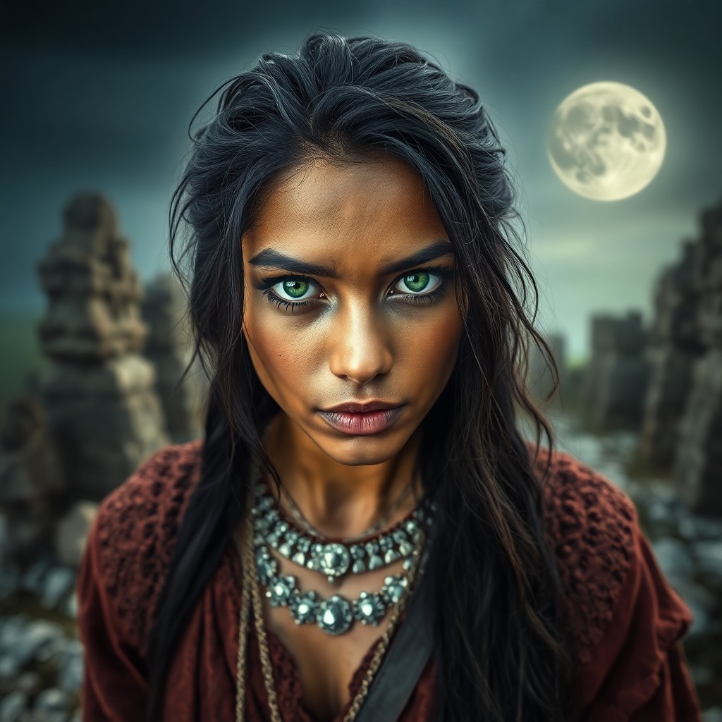AI generated art for prompt: Craft a captivating portrait photograph featuring a South Asian woman with piercing emerald eyes and