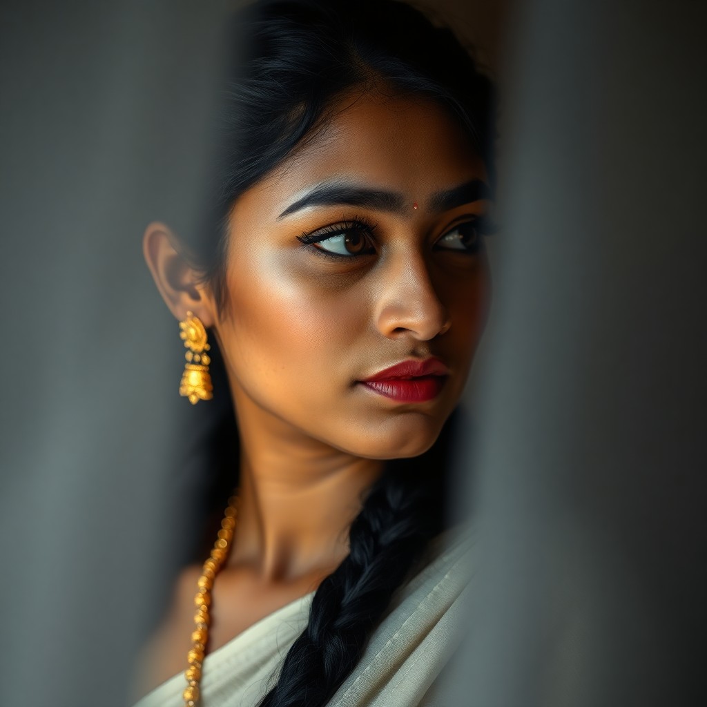 AI generated art for prompt: Envision a captivating portrait photograph of an enigmatic young South Asian woman with piercing dar