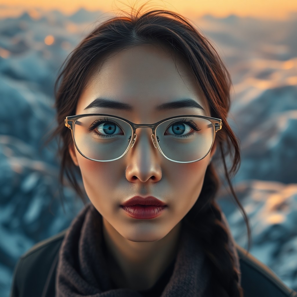AI generated art for prompt: A photorealistic portrait photograph showcases an East Asian woman with captivating ice-blue eyes se