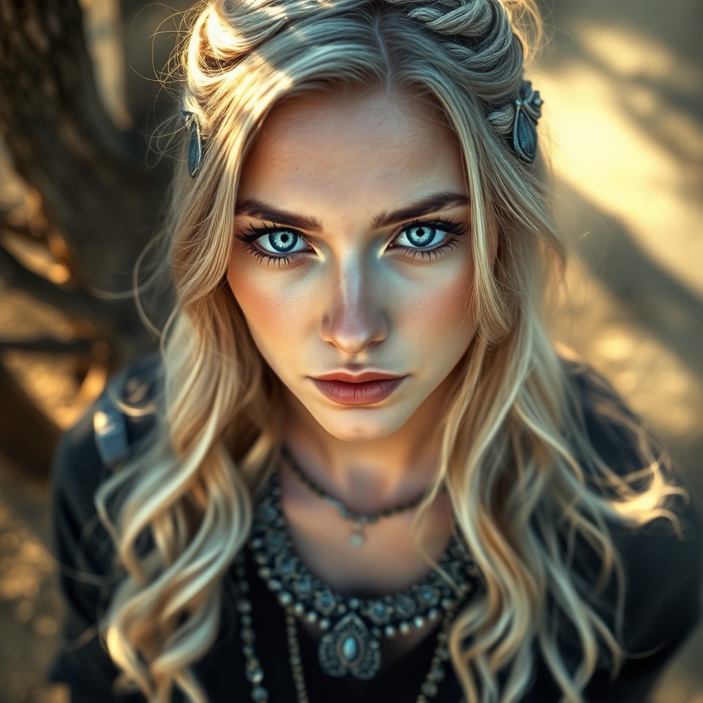 AI generated art for prompt: Envision a portrait of a Nordic woman with mesmerizing blue eyes and silver-streaked blonde hair flo