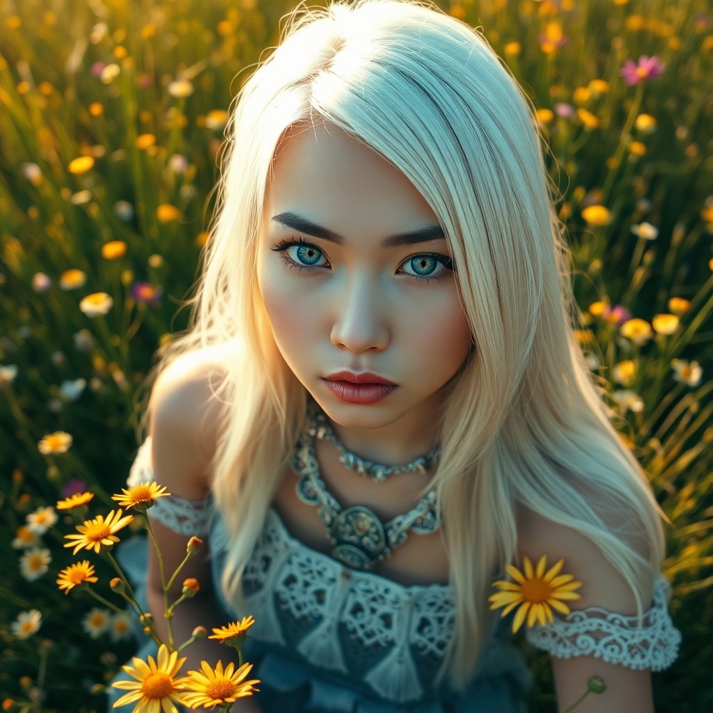 AI generated art for prompt: Visualize a captivating portrait of an East Asian woman with mesmerizing blue eyes and waist-length 