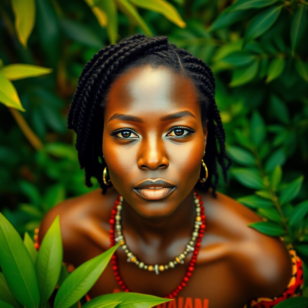 AI generated art for prompt: A film camera captures a serene portrait of an African woman, her smooth coffee-toned skin and delic