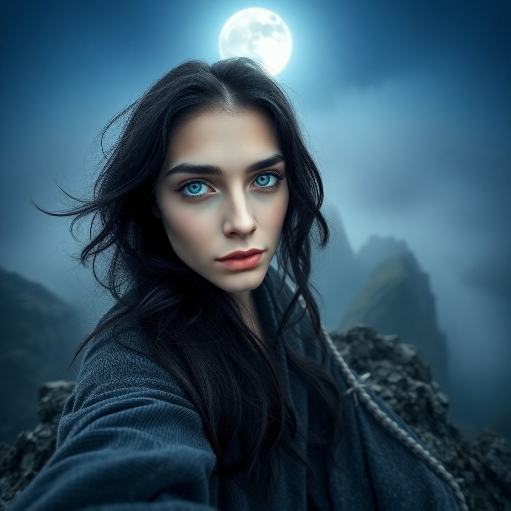 AI generated art for prompt: A photorealistic portrait captures an enigmatic Middle Eastern woman with striking icy blue eyes and