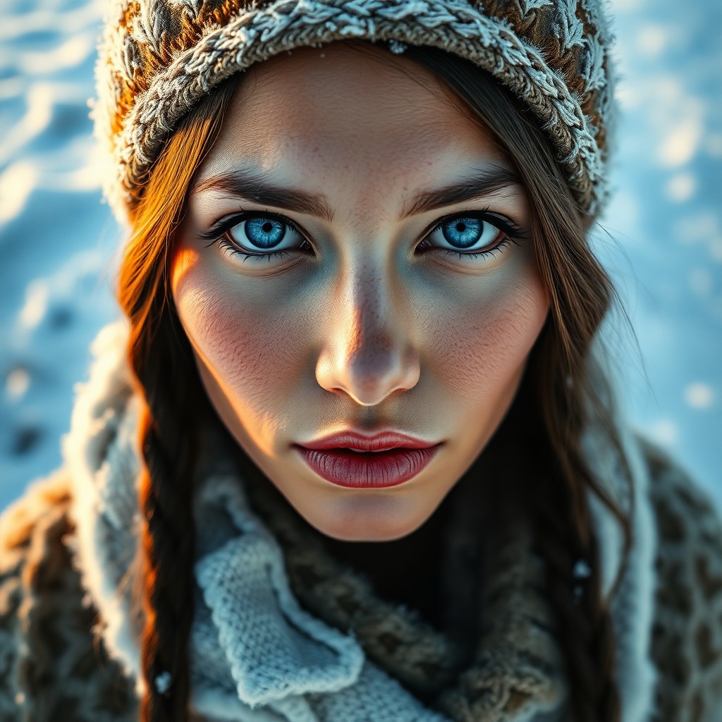 AI generated art for prompt: Craft a hyperrealistic portrait of an enigmatic Native American woman with piercing blue eyes, set a