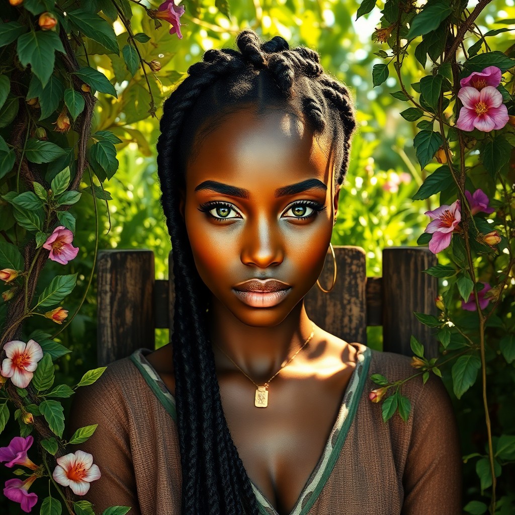 AI generated art for prompt: Craft a photorealistic portrait of an African-American woman with captivating green eyes and smooth 