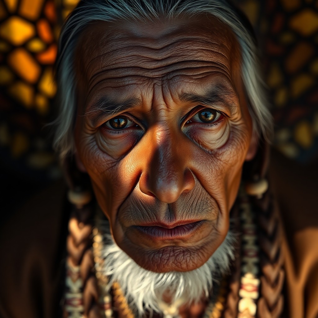 AI generated art for prompt: A portrait photograph reveals a Native American elder's enigmatic countenance, his deep-set amber ey