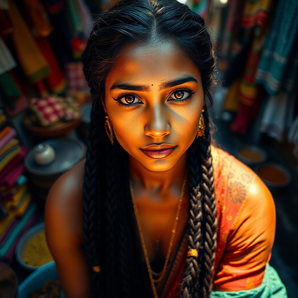 AI generated art for prompt: Imagine a hyperrealistic portrait of an enigmatic South Asian woman with warm almond-shaped brown ey