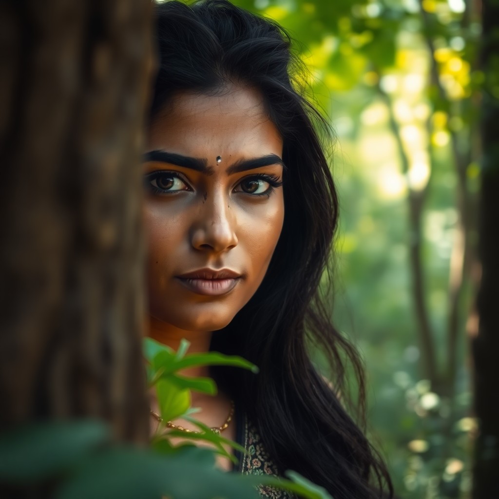 AI generated art for prompt: Envision a portrait photograph of a South Asian woman, her deep brown eyes and jet-black hair illumi