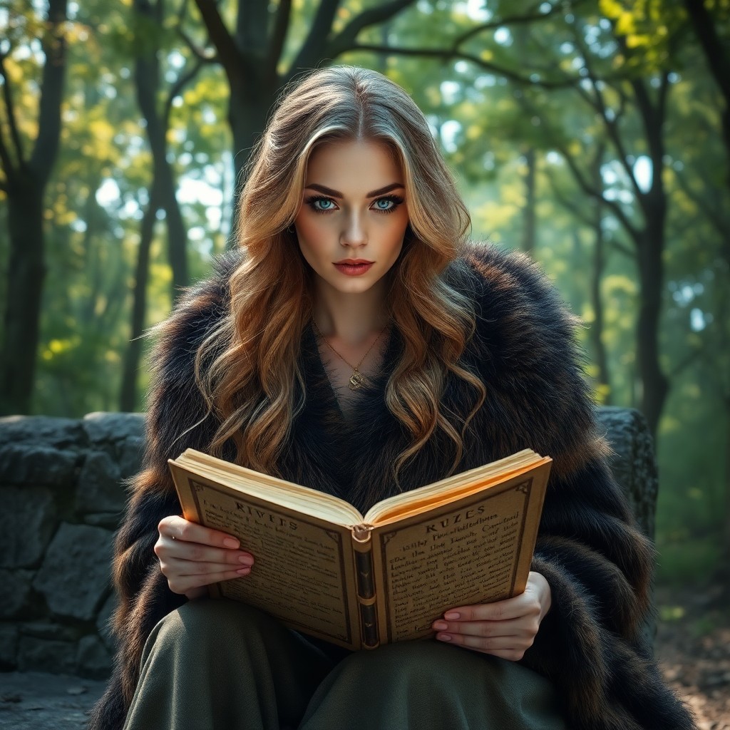 AI generated art for prompt: Visualize a super-realistic portrait of an enigmatic European woman with captivating azure eyes and 