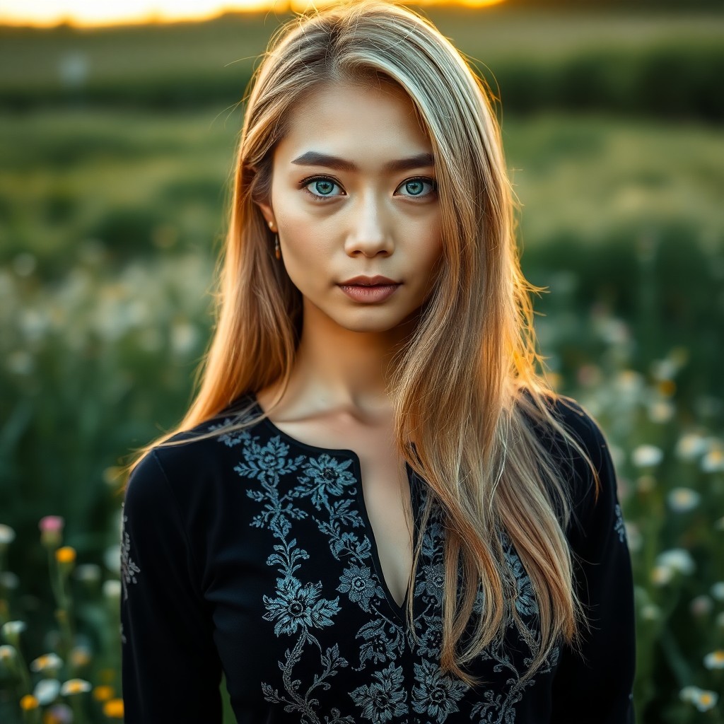AI generated art for prompt: A smartphone portrait of an East Asian woman in her early 40s, showcasing striking blue eyes and cas