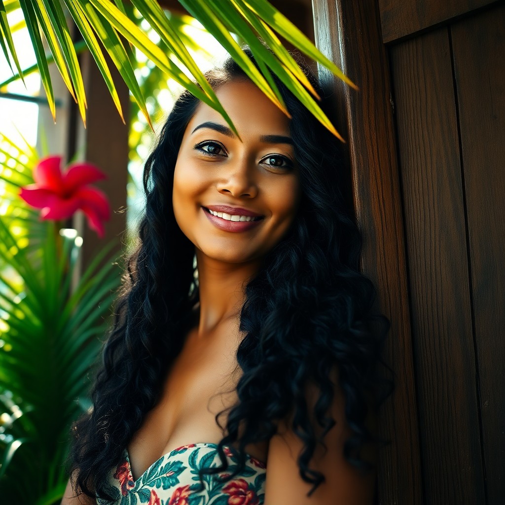 AI generated art for prompt: A DSLR captures a radiant 35-year-old Pacific Islander woman with almond eyes and cascading jet-blac