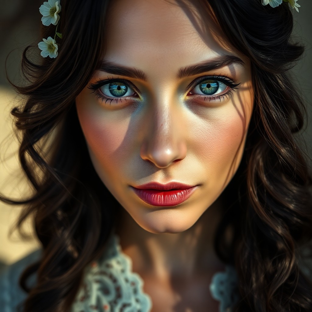 AI generated art for prompt: Craft a photorealistic portrait using a DSLR camera, capturing an Eastern European woman's enigmatic