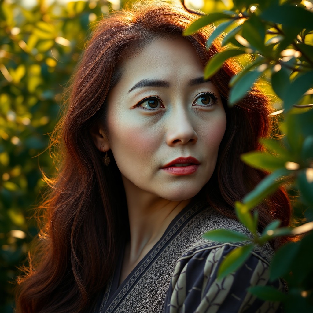 AI generated art for prompt: A photorealistic portrait of an East Asian woman in her late 40s captured from a unique side-angle p