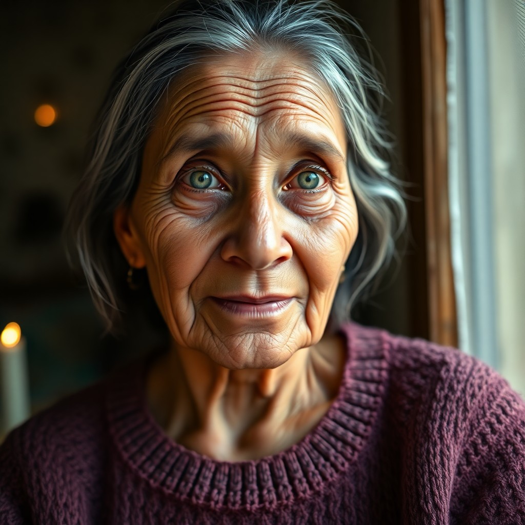 AI generated art for prompt: Imagine a portrait photograph of an elderly South Asian woman with piercing green eyes and silver-st