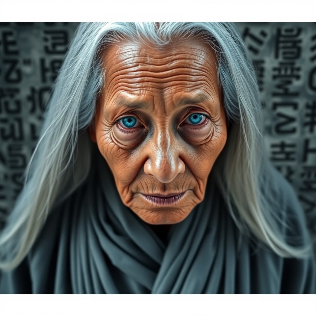 AI generated art for prompt: Craft a photorealistic portrait of an elderly Pacific Islander sage with piercing blue eyes and long