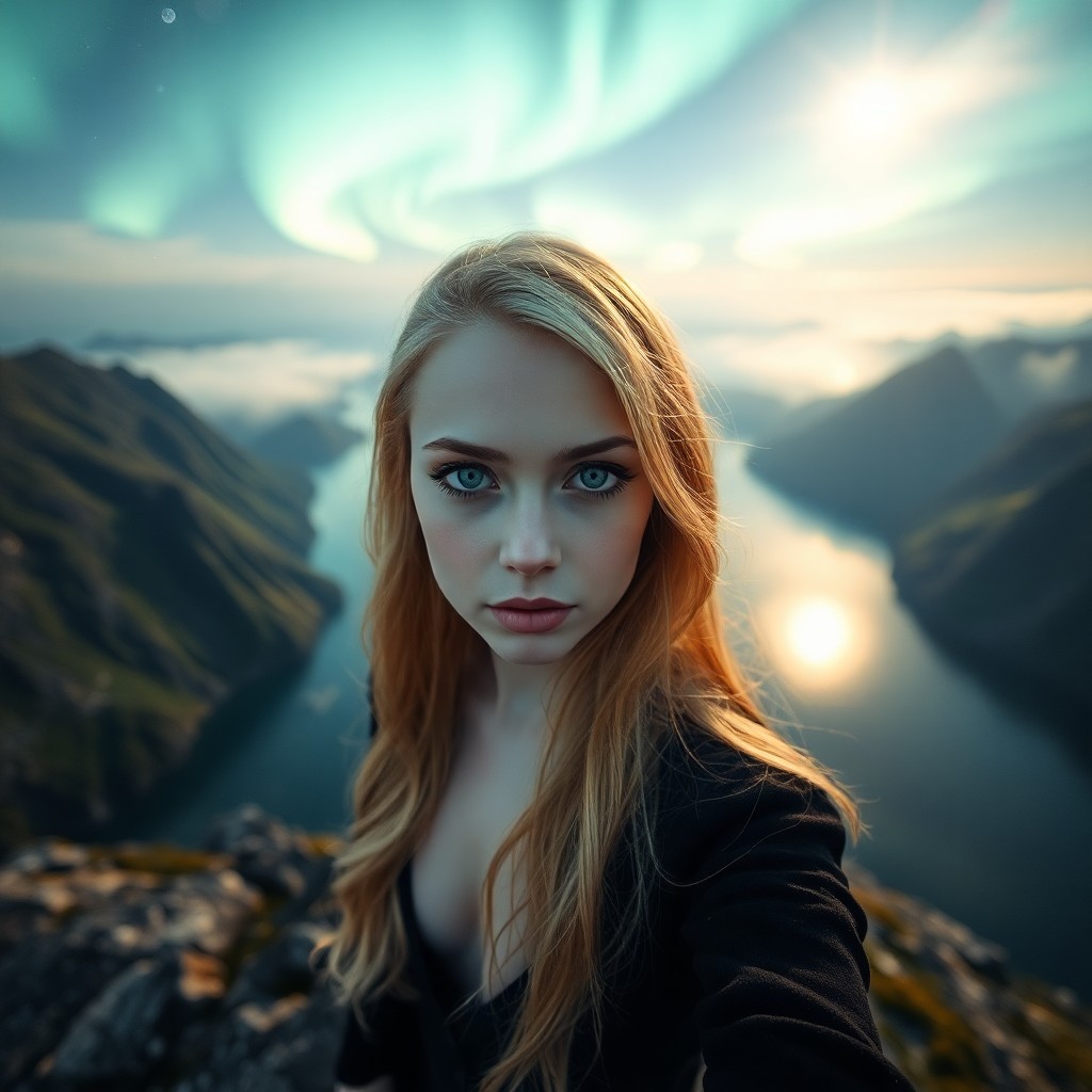 AI generated art for prompt: In a captivating portrait photo, an enigmatic Slavic woman with piercing violet eyes stands alone ag