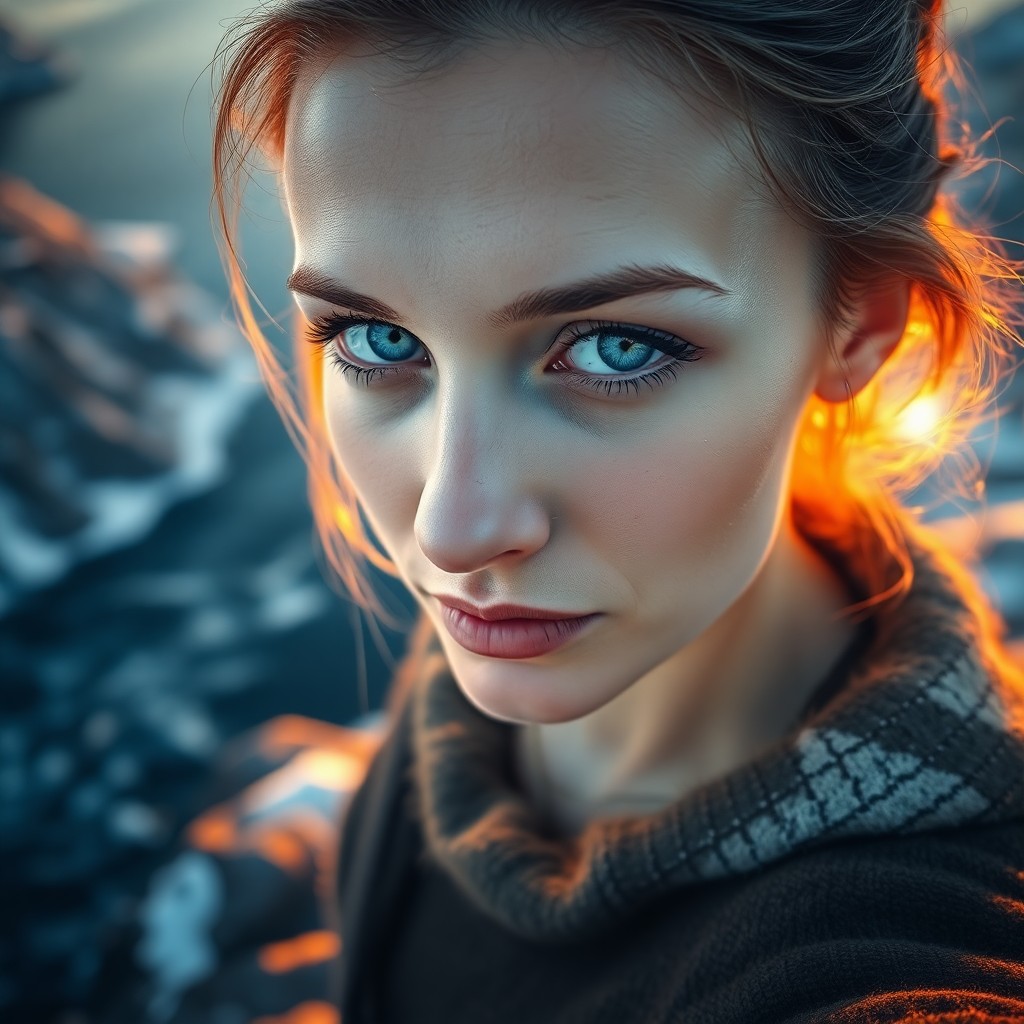 AI generated art for prompt: An ultrarealistic portrait depicts a Slavic woman in her early 40s with mesmerizing ice-blue eyes, s