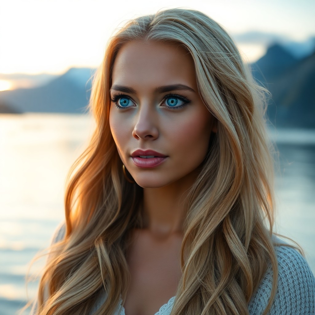 AI generated art for prompt: Craft a photorealistic portrait of a Pacific Islander woman with captivating ice-blue eyes and long,