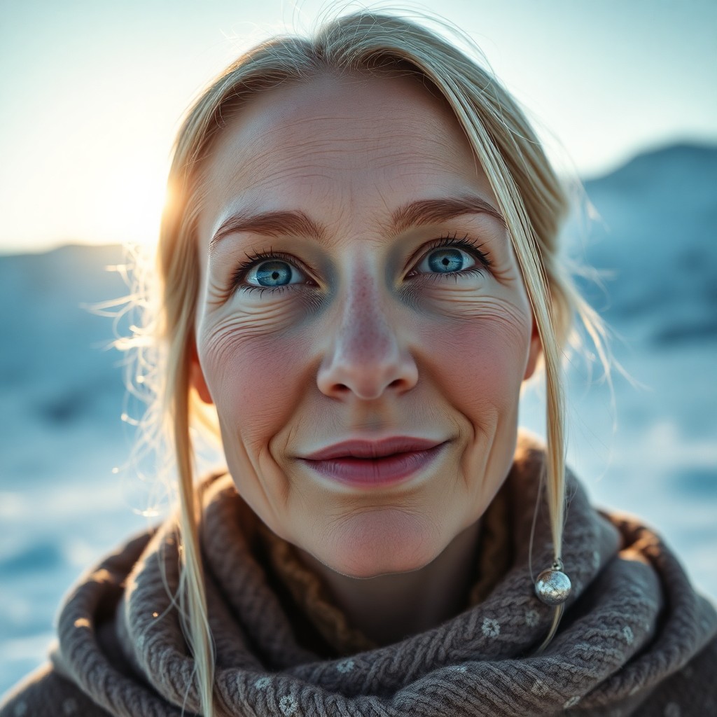 AI generated art for prompt: A photorealistic portrait of a middle-aged Nordic woman with porcelain skin and piercing blue eyes, 