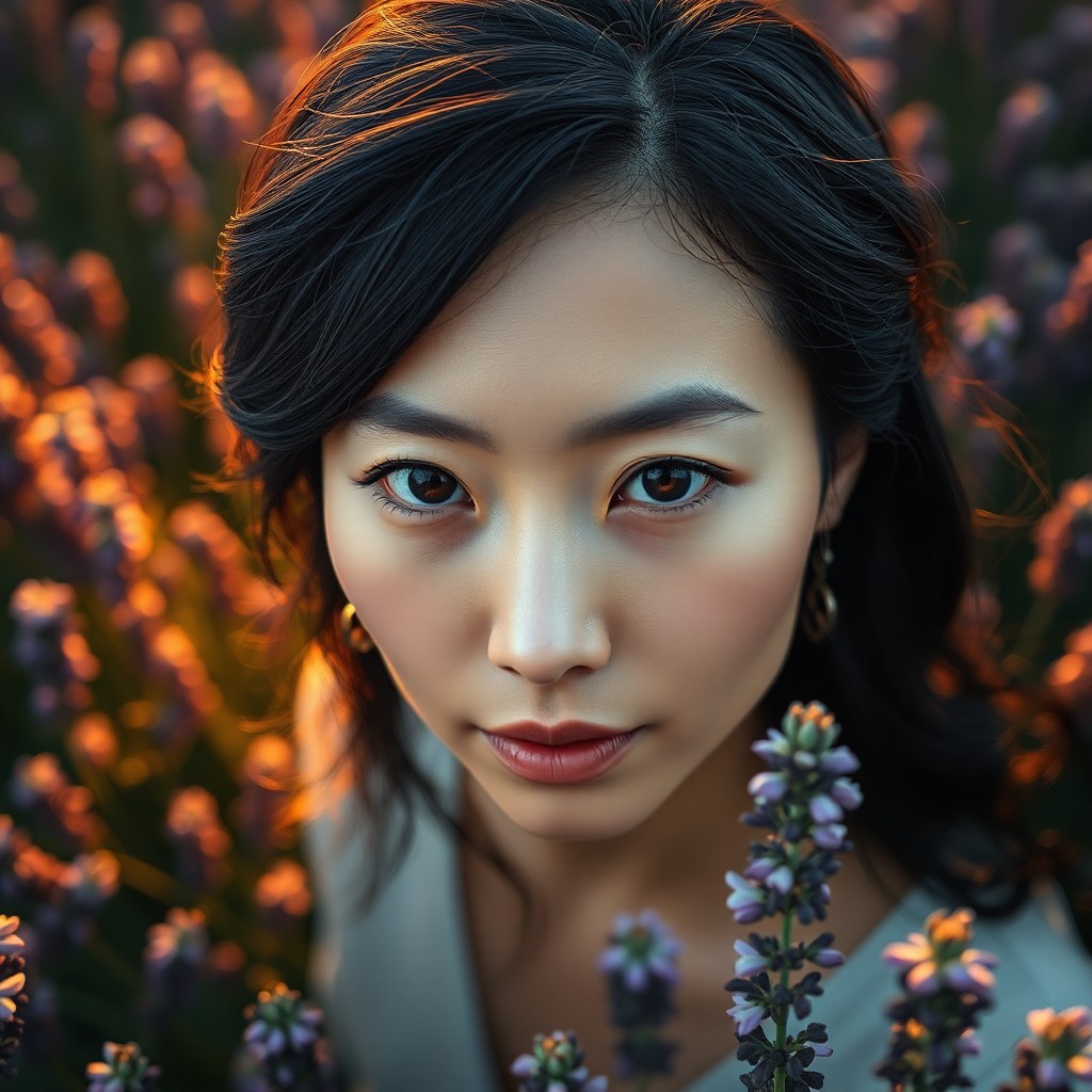 AI generated art for prompt: Envision a photorealistic portrait of an enigmatic 45-year-old East Asian woman, her piercing dark e