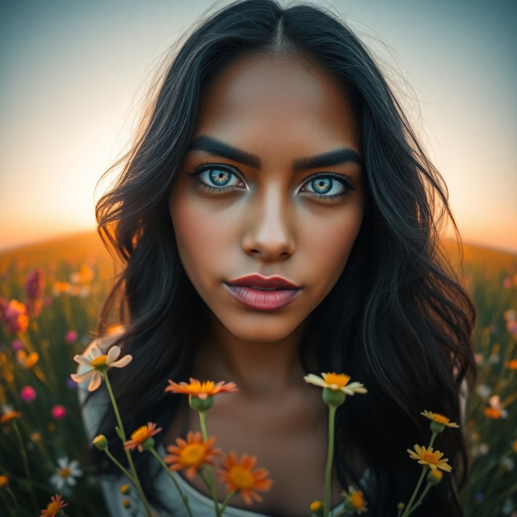 AI generated art for prompt: A photorealistic portrait showcases a South Asian woman with striking ice-blue eyes and cascading ra