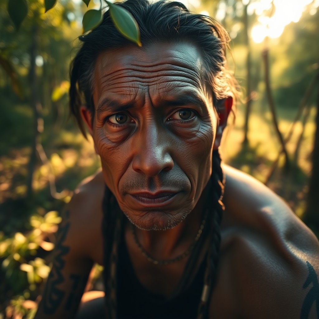 AI generated art for prompt: A photorealistic portrait photograph captures a Native American shaman's introspective gaze, his dee