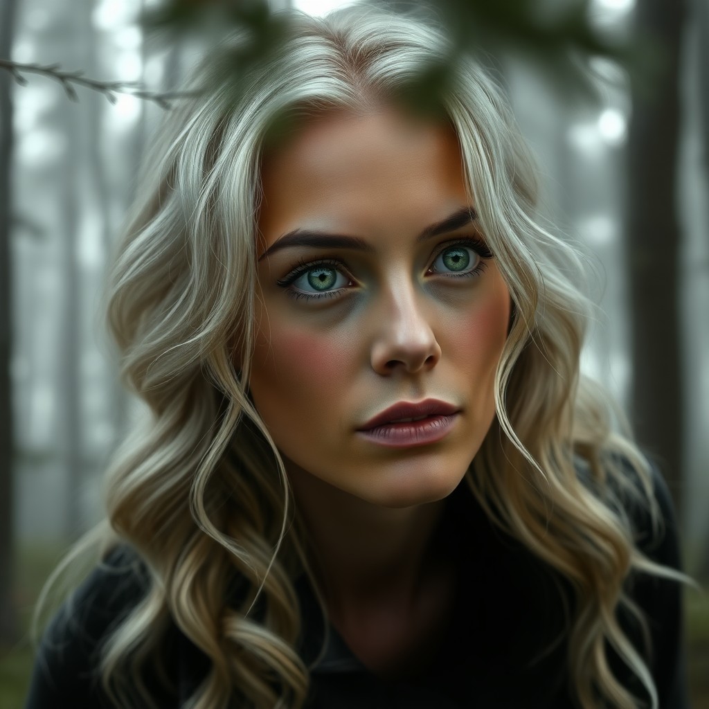 AI generated art for prompt: Create a photorealistic portrait of a Slavic woman with intense green eyes and wavy platinum blonde 