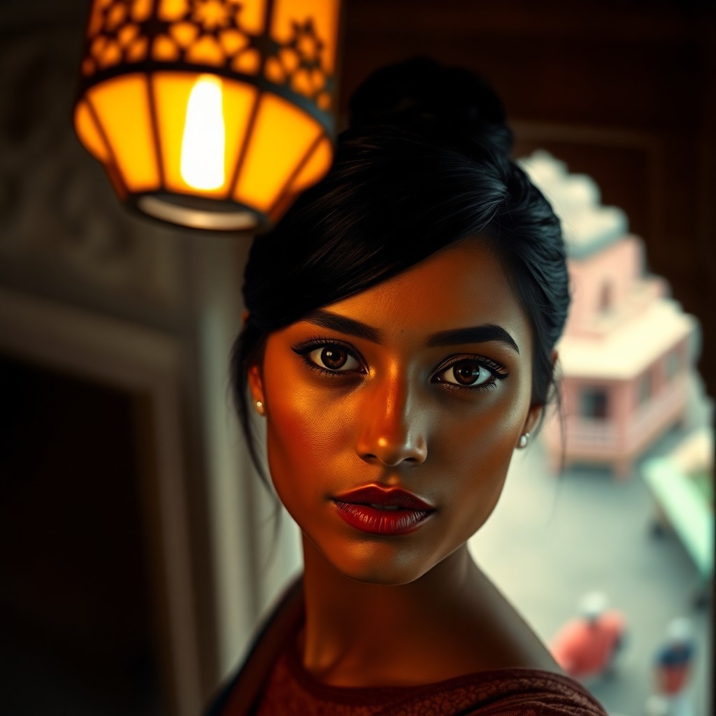 AI generated art for prompt: A photorealistic portrait photograph captures the enigmatic gaze of a South Asian woman with captiva