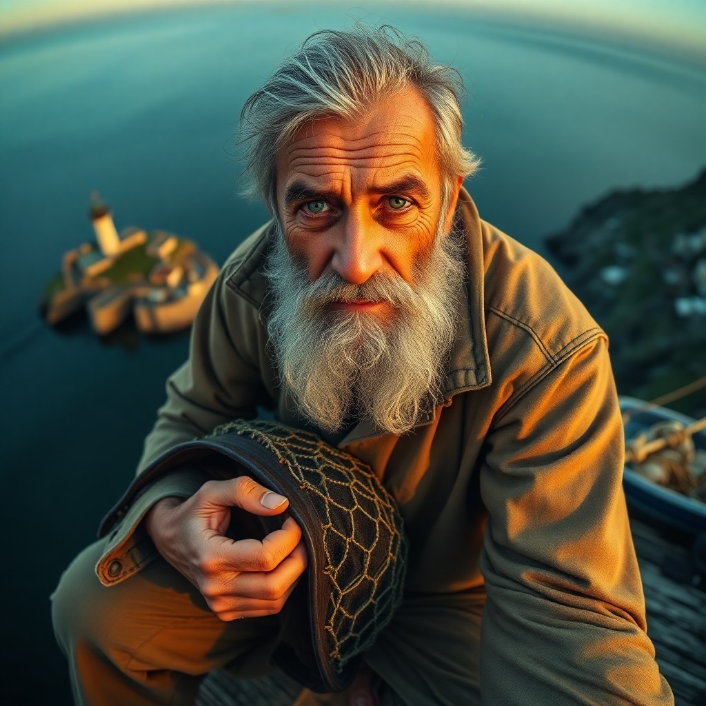 AI generated art for prompt: Create a photorealistic portrait of an aged Middle Eastern fisherman with piercing sea-green eyes an