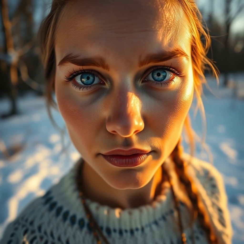 AI generated art for prompt: A serene Native American woman with porcelain skin and piercing blue eyes stands out against a tranq