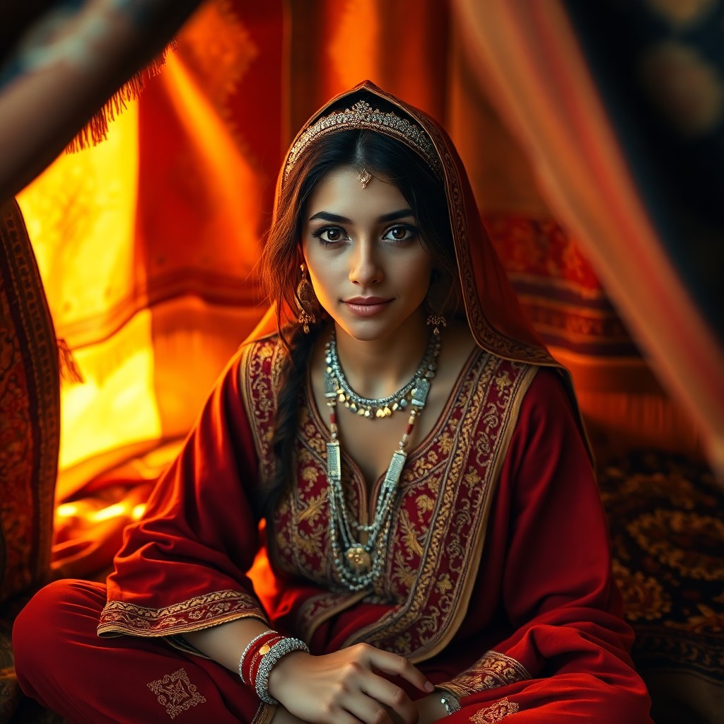 AI generated art for prompt: Envision a captivating Middle Eastern woman portrayed through a smartphone's lens, her enigmatic dar