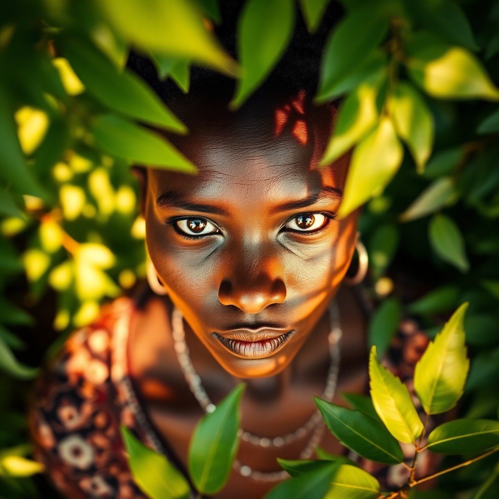 AI generated art for prompt: Envision a captivating portrait photograph of a 40-year-old African woman, her mesmerizing amber eye