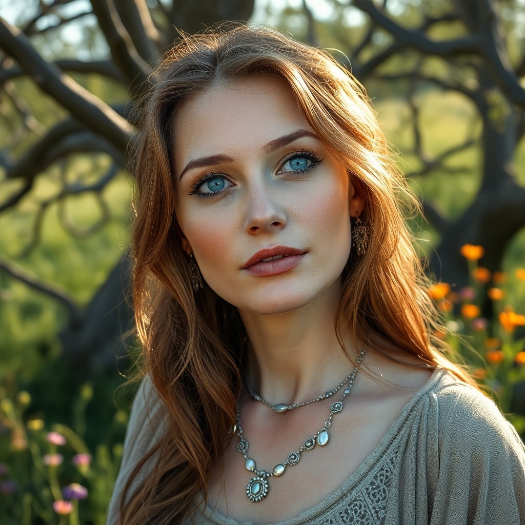 AI generated art for prompt: Envision a photorealistic portrait of an enchanting Nordic woman in her late forties, with captivati