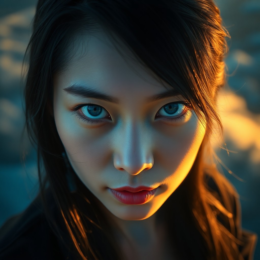 AI generated art for prompt: Craft a portrait photograph of an enigmatic East Asian woman, showcasing her piercing blue eyes and 