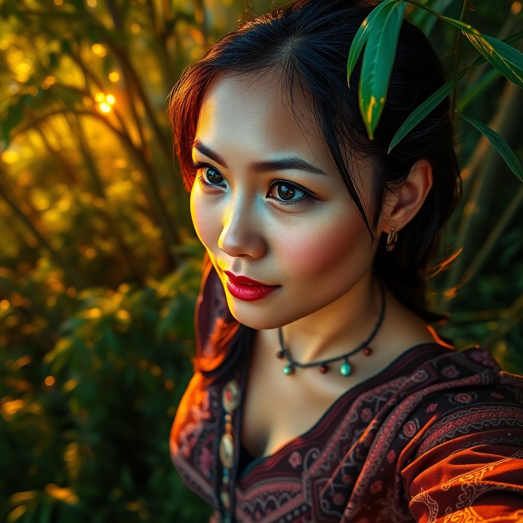 AI generated art for prompt: A captivating portrait photograph reveals an enigmatic Southeast Asian woman with emerald eyes and a