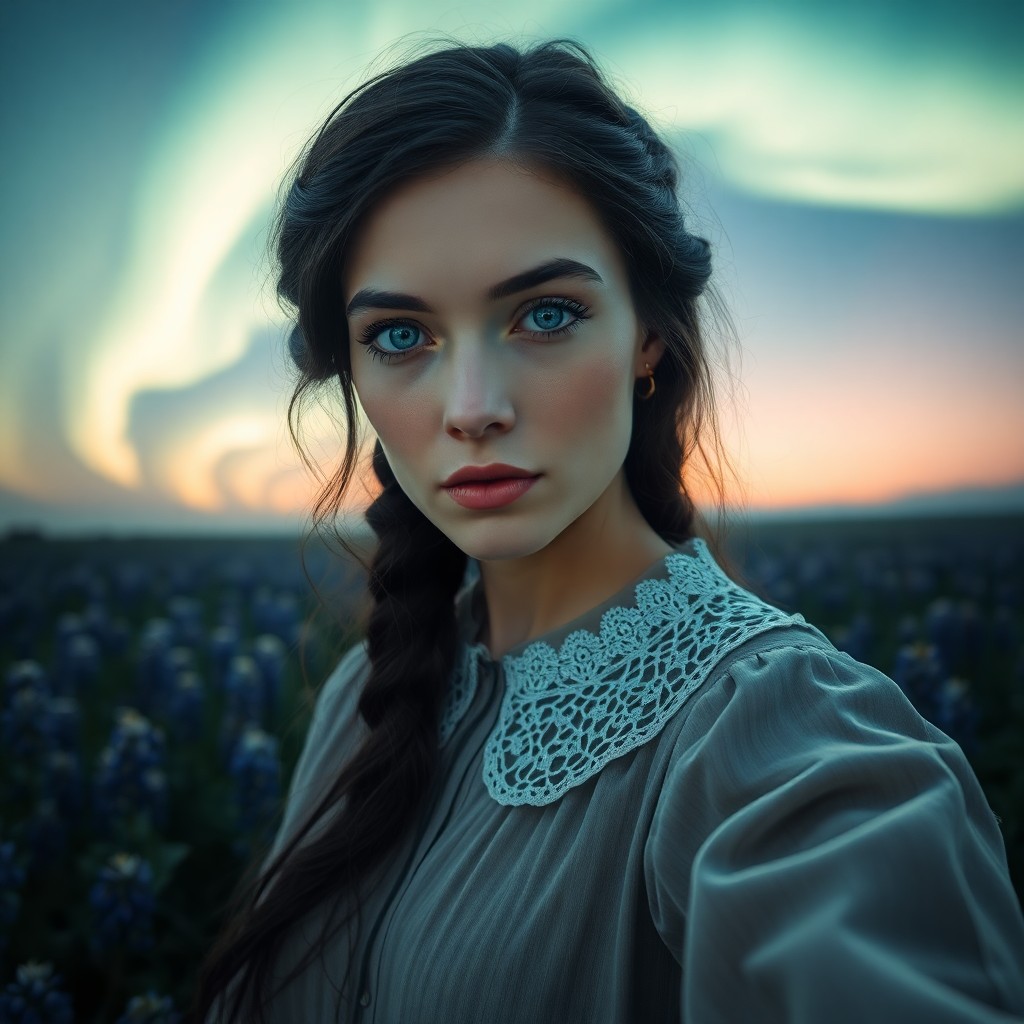 AI generated art for prompt: Craft a hyperrealistic portrait of a European woman, her ice-blue eyes and raven hair striking again