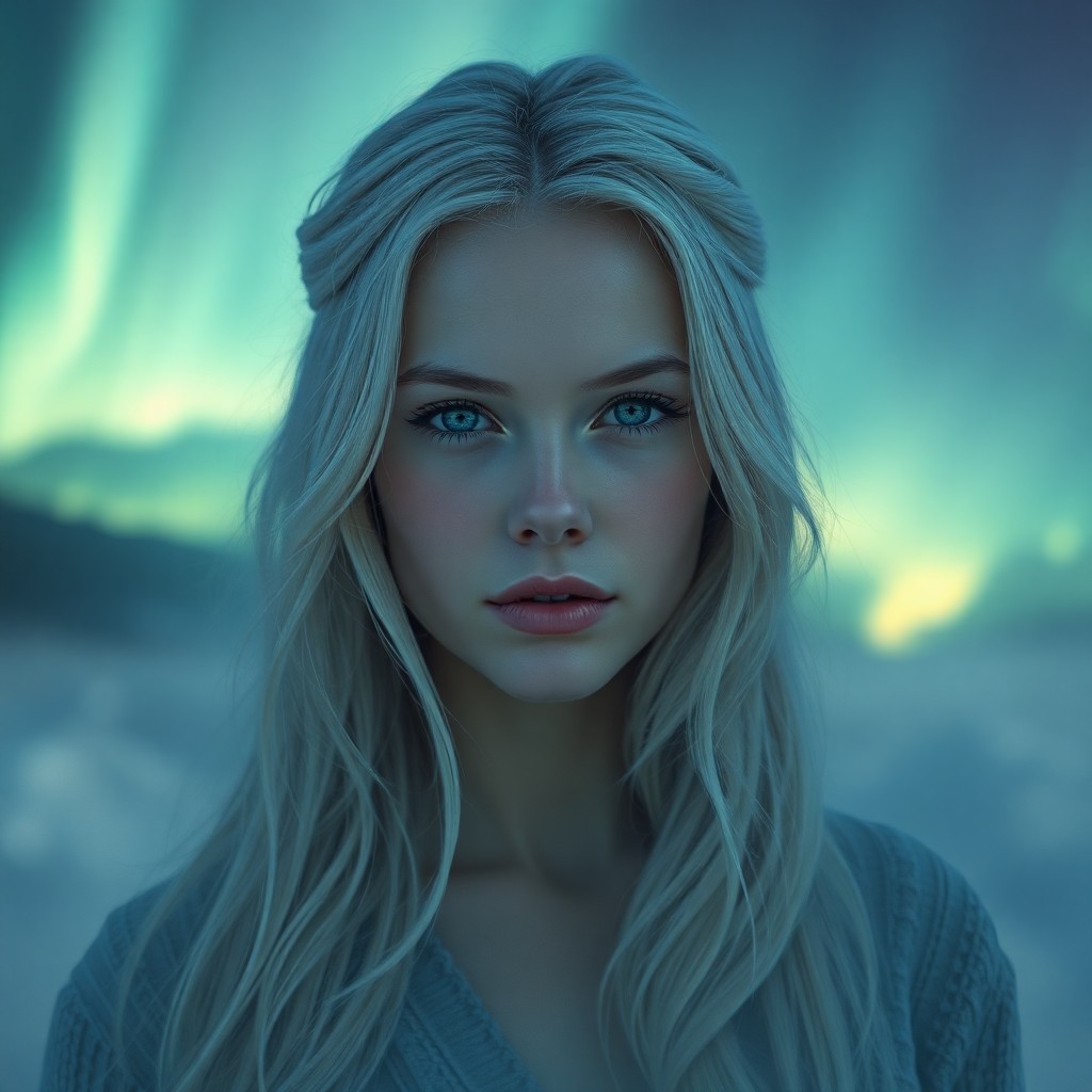 AI generated art for prompt: A portrait photograph showcases a Nordic woman with piercing sapphire eyes and cascading platinum ha