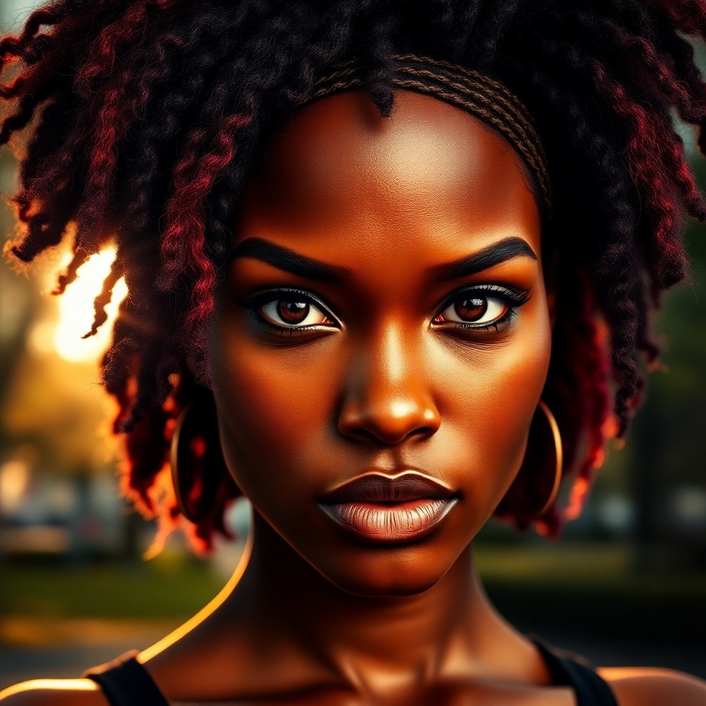 AI generated art for prompt: A digital camera captures a striking portrait of an African-American woman with piercing hazel eyes 