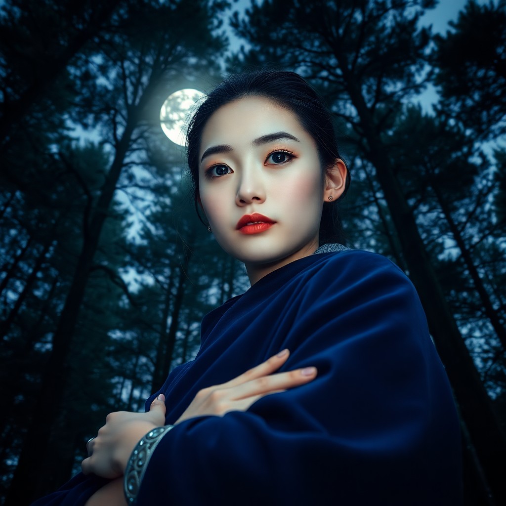 AI generated art for prompt: A portrait photo reveals an East Asian woman's enigmatic gaze, her icy blue eyes and pale complexion