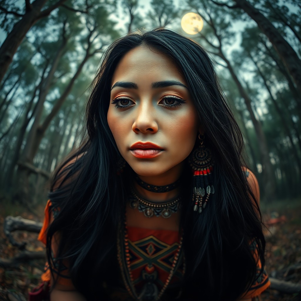 AI generated art for prompt: A captivating smartphone portrait captures a serene Native American woman with deep brown eyes and c