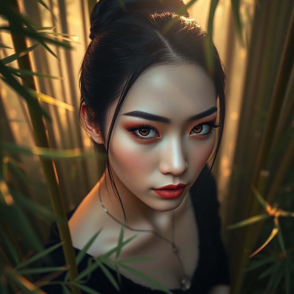 AI generated art for prompt: Envision an enigmatic East Asian woman with striking amber eyes and sleek black hair, elegantly styl