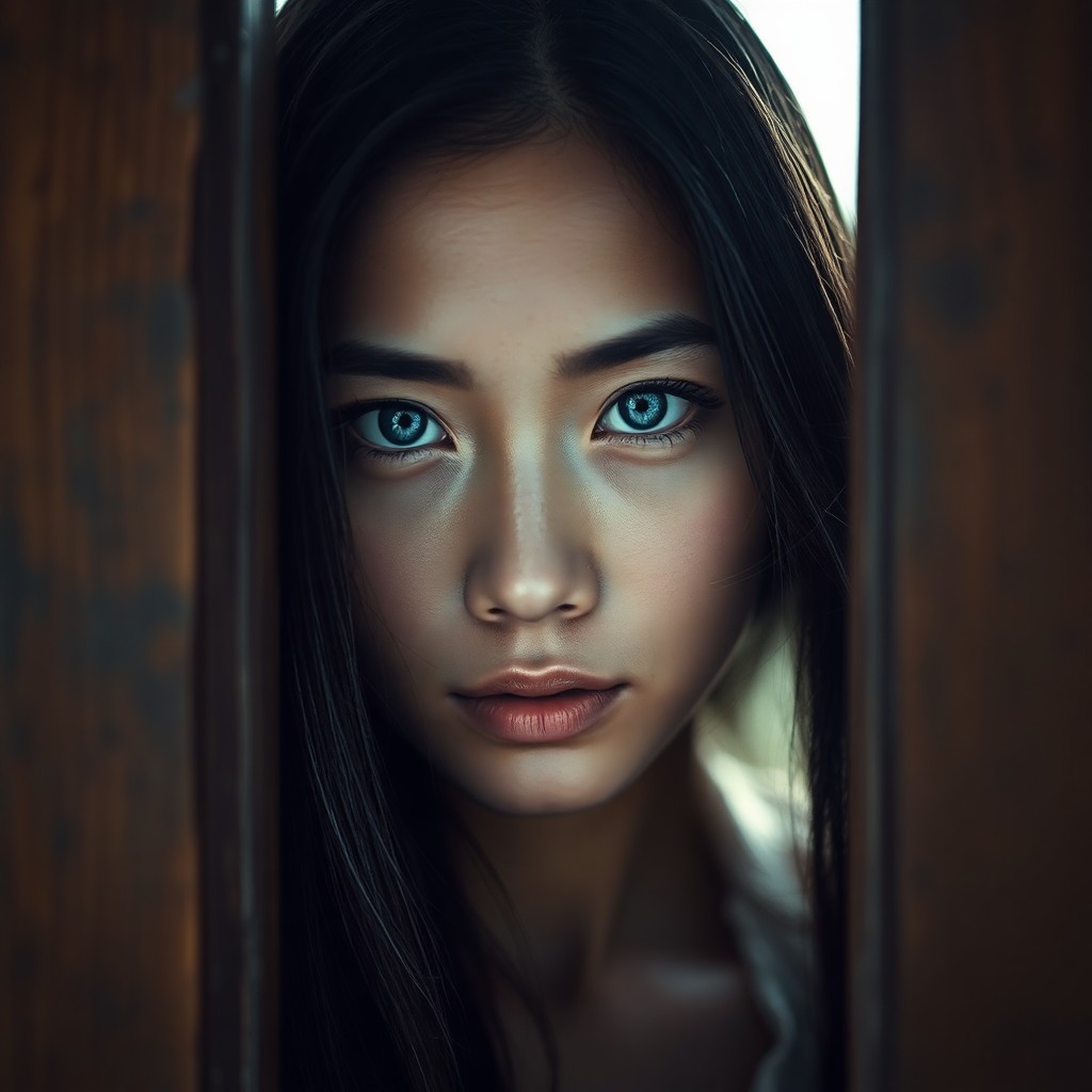 AI generated art for prompt: In a portrait photograph, an East Asian woman with captivating blue eyes gazes enigmatically, her se