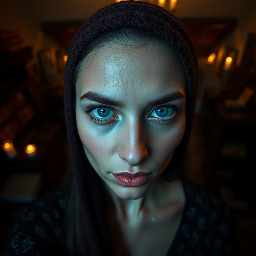 AI generated art for prompt: A photorealistic portrait photo, inspired by chiaroscuro lighting techniques, captures an enigmatic 