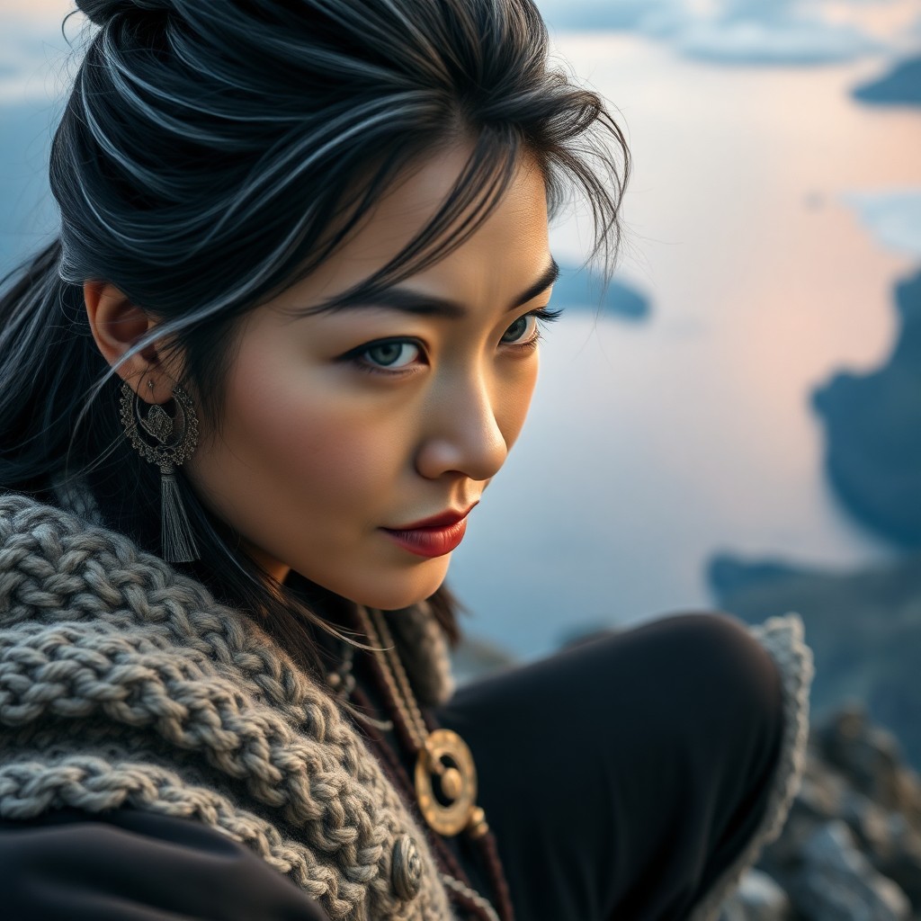 AI generated art for prompt: A photorealistic portrait showcases an enigmatic East Asian woman with intense ice-blue eyes and sil