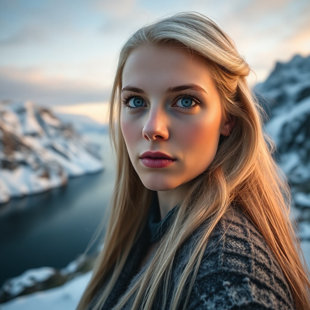 AI generated art for prompt: A photorealistic portrait photograph captures the enigmatic allure of a Nordic woman with striking e